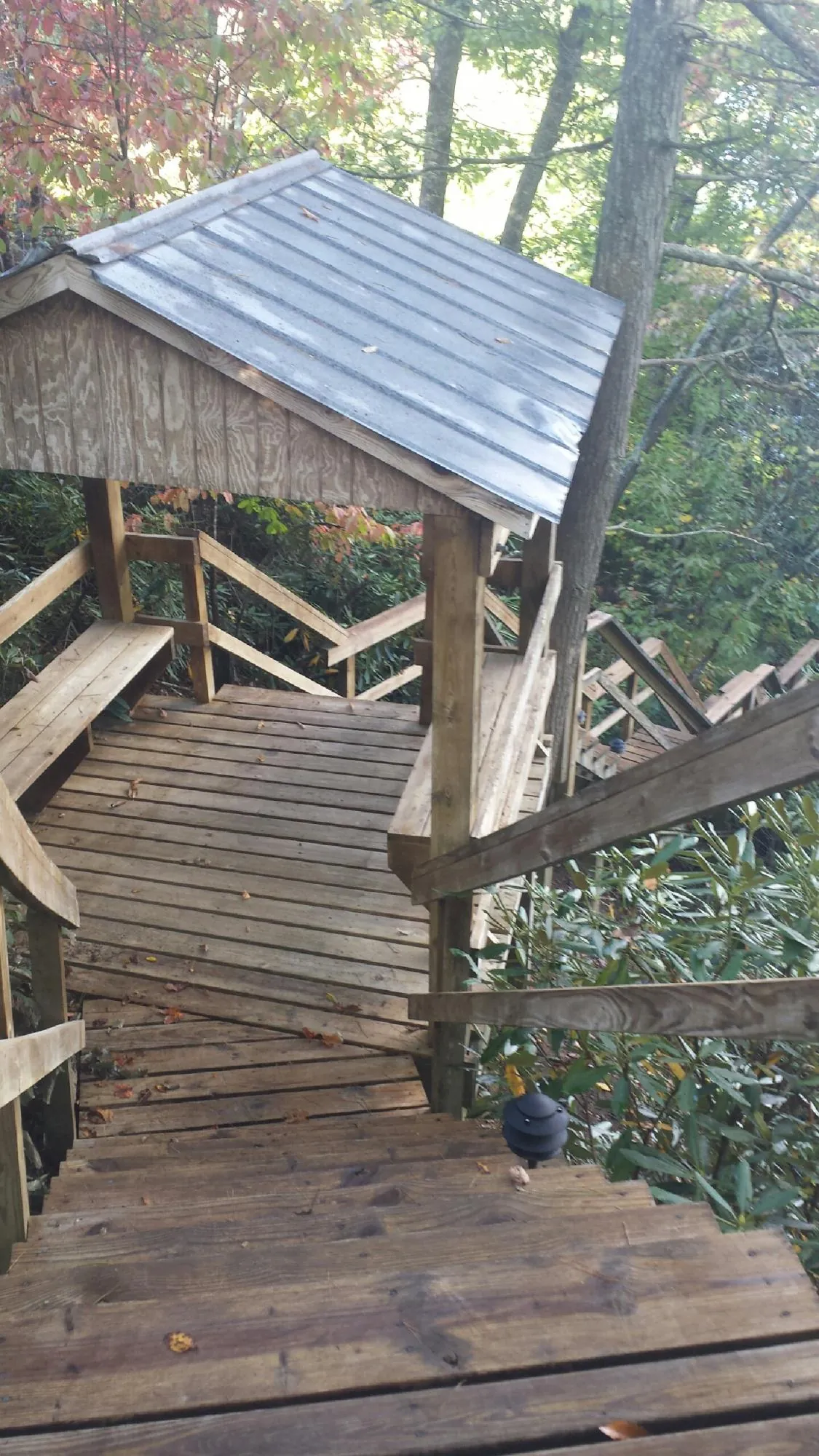 Metal roofed shelter over wooden steps on a wooded walkway — Skylight Repair & Installation work by our crew in Shattuck